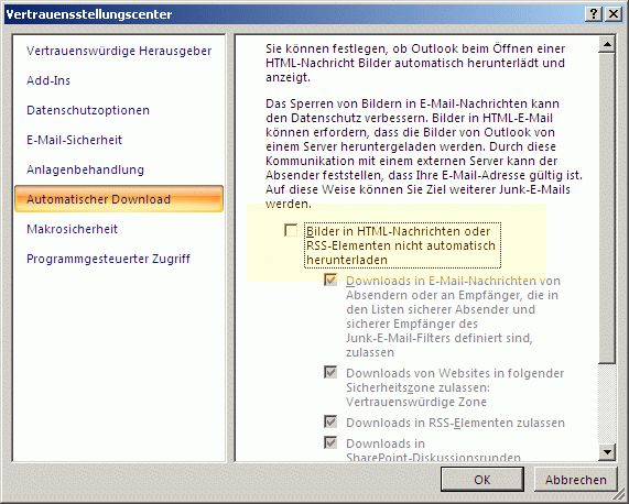 „Bilder in HTML-Nachrichten oder RSS-Elementen nicht automatisch herunterladen“ entfernen