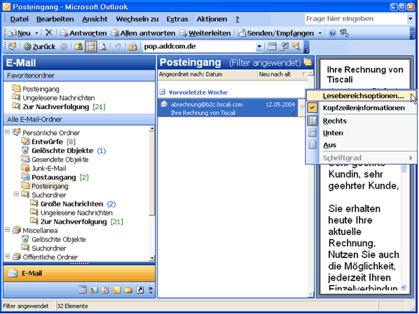 Outlook Lesebereich Optionen