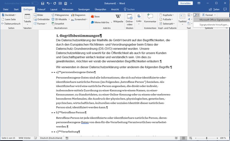 Signaturzeile im Word-Dokument