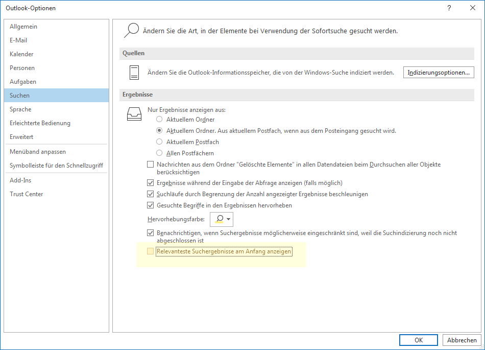 Bei der Outlook Suche keine "Top-Ergebnisse" anzeigen ...